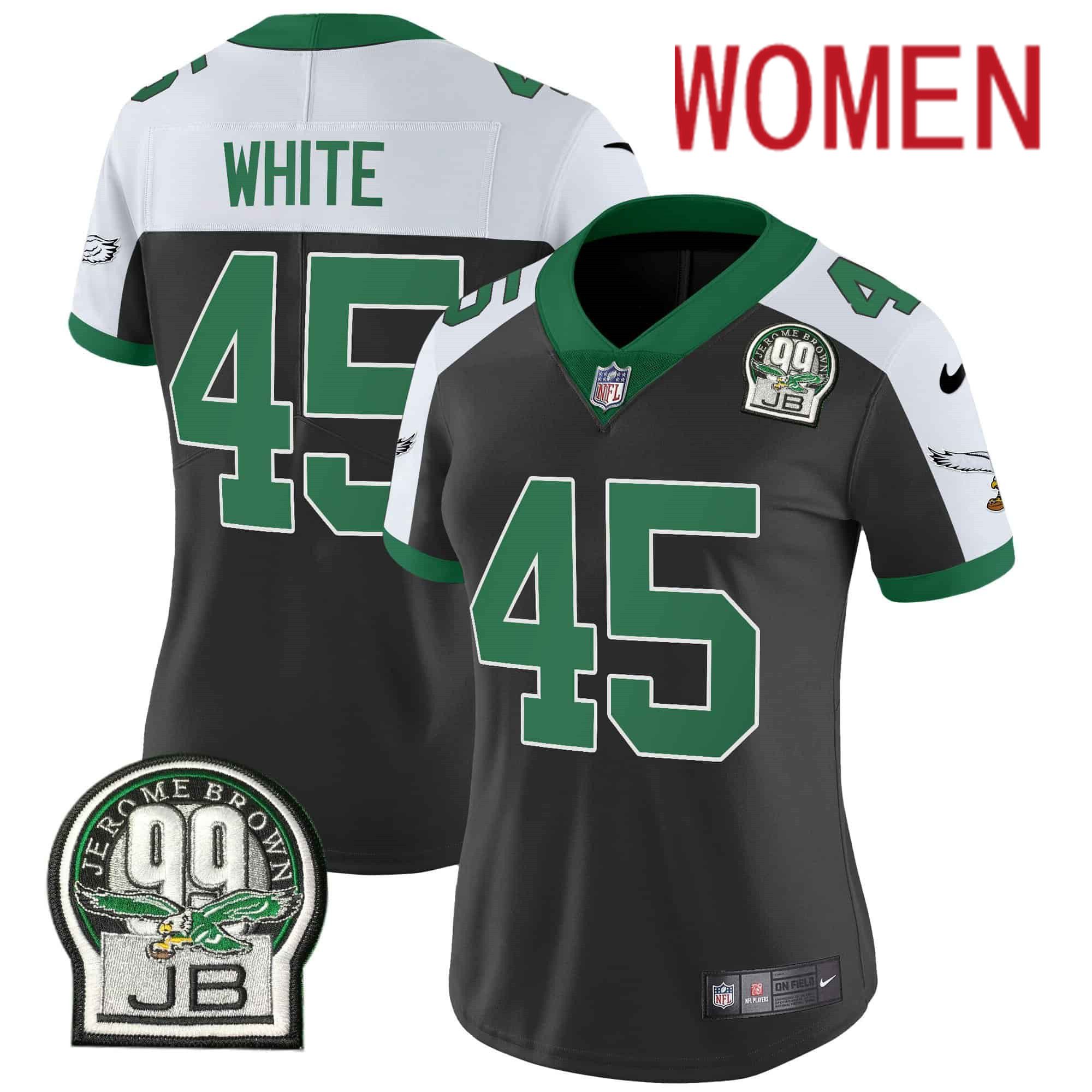 Women Philadelphia Eagles #45 White Black 2024 Nike Jerome Brown Patch Alternate Limited NFL Jersey->women nfl jersey->Women Jersey